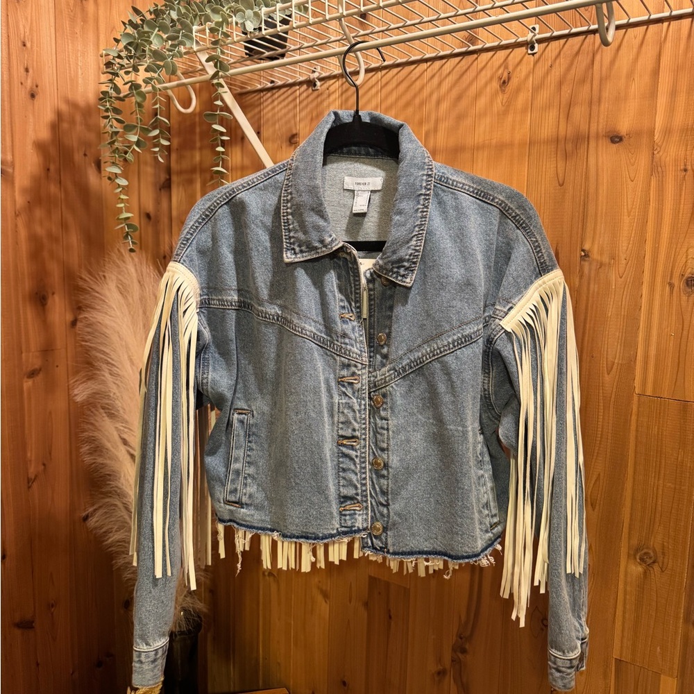 Forever 21 Blue Denim Jacket with Cream Fringe